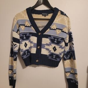 Navy and Cream Geometric Pattern Cardigan